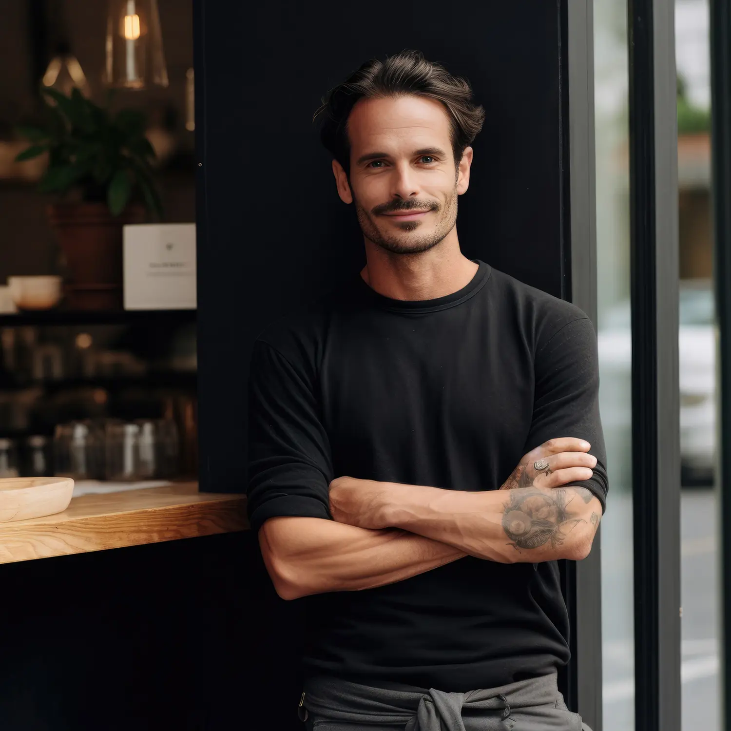 Portrait of a handsome barista in apron standing at a modern cof Portrait of a handsome barista in apron standing at a modern cof