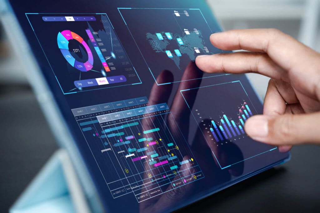Analyst working with computer in Business Analytics and Data Management System to make report with KPI and metrics connected to database. Corporate strategy for finance, operations, sales, marketing
