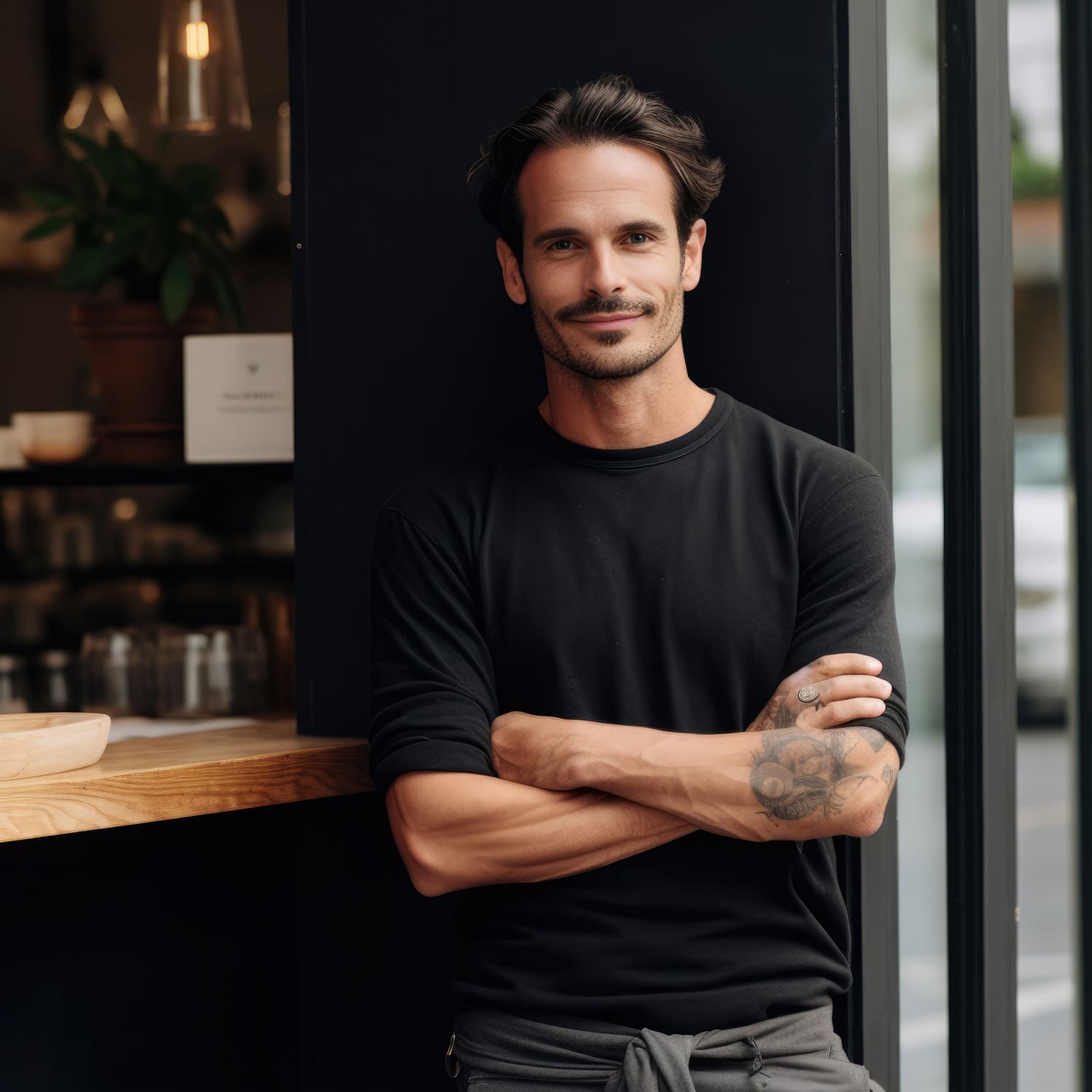 Portrait of a handsome barista in apron standing at a modern cof